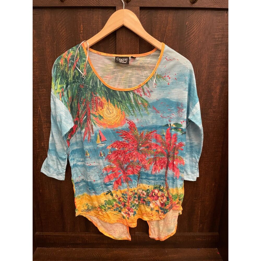 colorful tunic, artistic Tropical  Scenic Embellished Asymmetrical Hem Top XL